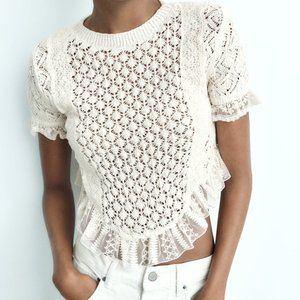 Zara, XS, Ruffled Knit Top, Cream